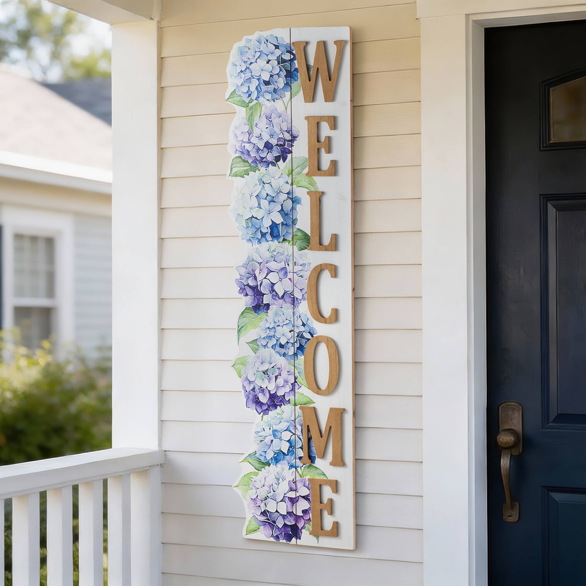 Glitzhome® 42" Solid Wood Hydrangea "WELCOME" Front Porch Sign